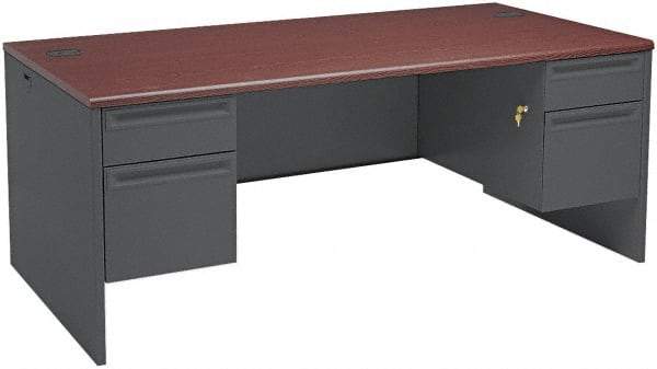 Hon - Steel-Reinforced High-Pressure Laminate/Metal Double Pedestal Desk - 72" Wide x 36" Deep x 29" High, Mahogany/Charcoal - Caliber Tooling