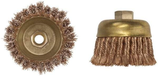 Ampco - 4" Diam, 5/8-11 Threaded Arbor, Bronze Phosphorus Fill Cup Brush - 0.02 Wire Diam, 1-1/2" Trim Length, 7,000 Max RPM - Caliber Tooling