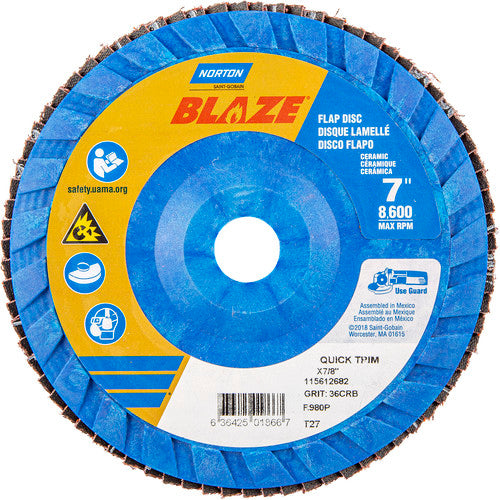 7 × 7/8″ Blaze Plastic Flat Flap Disc Type 27 36 Grit R980P Premium Ceramic Alumina - Caliber Tooling