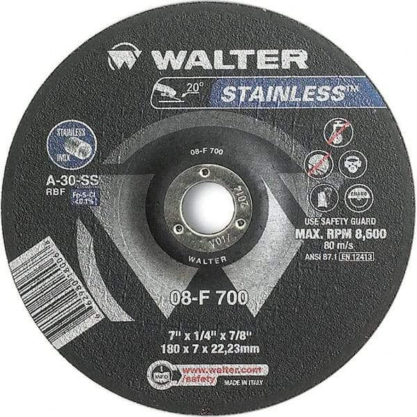 WALTER Surface Technologies - 30 Grit, 7" Wheel Diam, 1/4" Wheel Thickness, 7/8" Arbor Hole, Type 27 Depressed Center Wheel - Aluminum Oxide, Resinoid Bond, 8,600 Max RPM - Caliber Tooling