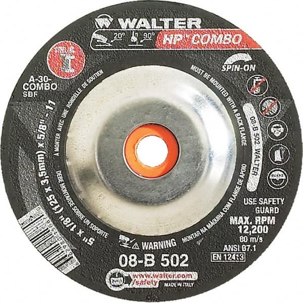 WALTER Surface Technologies - 30 Grit, 5" Wheel Diam, 1/8" Wheel Thickness, Type 27 Depressed Center Wheel - Aluminum Oxide, Resinoid Bond, 12,200 Max RPM - Caliber Tooling