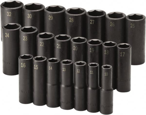 SK - 22 Piece 1/2" Drive Black Finish Deep Well Impact Socket Set - 6 Points, 10mm to 32mm Range, Metric Measurement Standard - Caliber Tooling