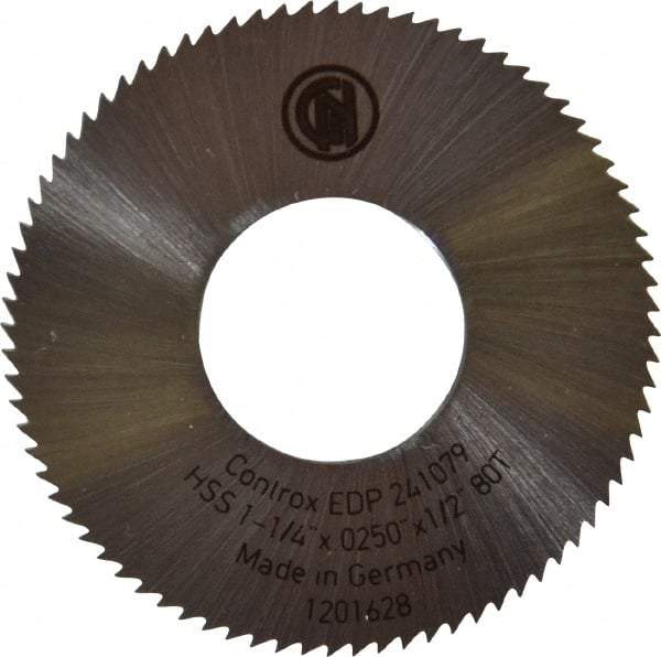 Controx - 1-1/4" Diam x 0.025" Blade Thickness x 1/2" Arbor Hole Diam, 80 Tooth Slitting & Slotting Saw - Arbor Connection, Right Hand, Uncoated, M2 High Speed Steel, Concave Ground - Caliber Tooling