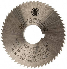 Controx - 1-3/4" Diam x 1/8" Blade Thickness x 1/2" Arbor Hole Diam, 56 Tooth Slitting and Slotting Saw - Arbor Connection, Right Hand, Uncoated, Cobalt, Concave Ground, Contains Keyway - Caliber Tooling