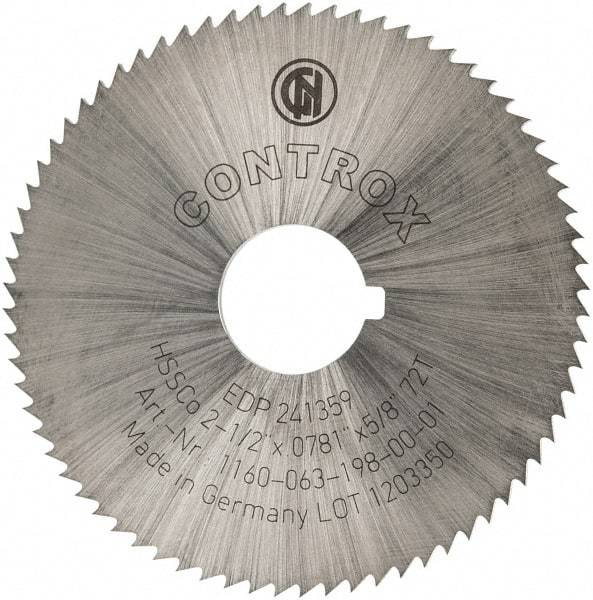 Controx - 2-1/2" Diam x 0.0781" Blade Thickness x 5/8" Arbor Hole Diam, 72 Tooth Slitting and Slotting Saw - Arbor Connection, Right Hand, Uncoated, Cobalt, Concave Ground, Contains Keyway - Caliber Tooling