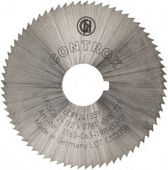 Controx - 2-1/2" Diam x 0.0781" Blade Thickness x 5/8" Arbor Hole Diam, 72 Tooth Slitting and Slotting Saw - Arbor Connection, Right Hand, Uncoated, Cobalt, Concave Ground, Contains Keyway - Caliber Tooling