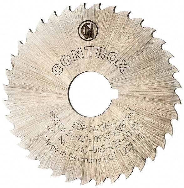 Controx - 2-1/2" Diam x 0.0938" Blade Thickness x 5/8" Arbor Hole Diam, 36 Tooth Slitting and Slotting Saw - Arbor Connection, Right Hand, Uncoated, Cobalt, 15° Rake, Concave Ground, Contains Keyway - Caliber Tooling