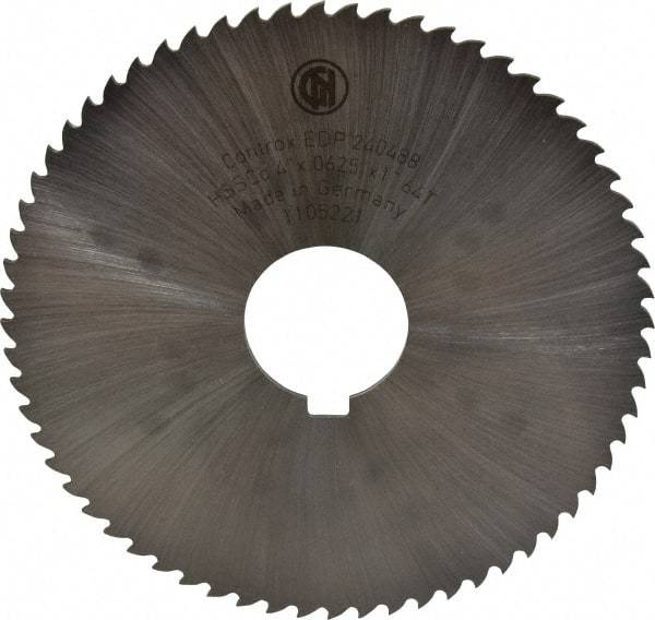 Controx - 4" Diam x 1/16" Blade Thickness x 1" Arbor Hole Diam, 64 Tooth Slitting and Slotting Saw - Arbor Connection, Right Hand, Uncoated, Cobalt, 15° Rake, Concave Ground, Contains Keyway - Caliber Tooling