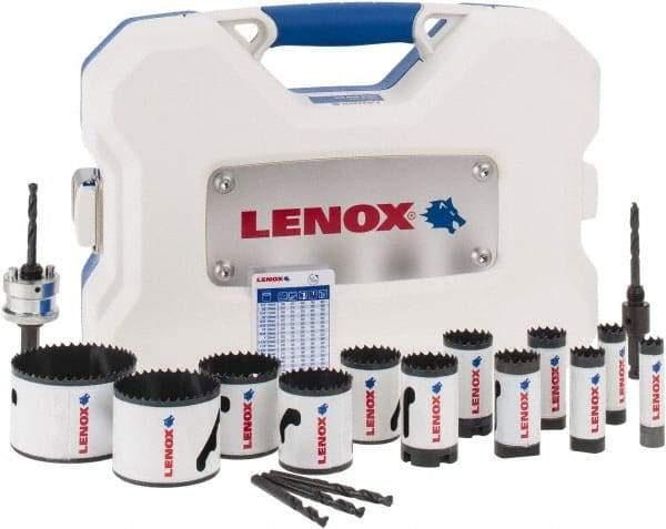 Lenox - 17 Piece, 5/8" to 3" Saw Diam, Contractor's Hole Saw Kit - Bi-Metal, Varied Toothing, Pilot Drill Model No. 4321, Includes 12 Hole Saws - Caliber Tooling