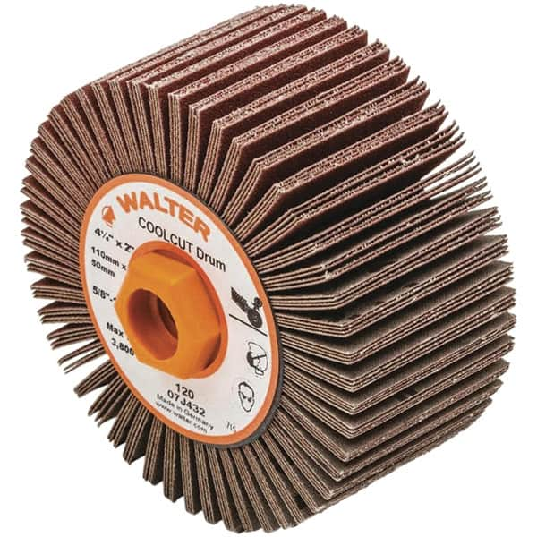 WALTER Surface Technologies - 4-1/4" Diam 120 Grit Aluminum Oxide Unmounted Flap Wheel - 5/8-11 Threaded Hole, 2" Wide, Coated, Grade Fine, 3,800 Max RPM - Caliber Tooling