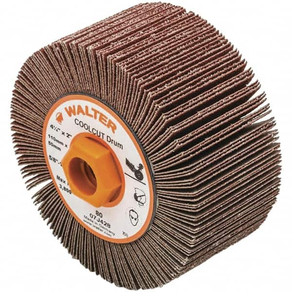 WALTER Surface Technologies - 4-1/4" Diam 80 Grit Aluminum Oxide Unmounted Flap Wheel - 5/8-11 Threaded Hole, 2" Wide, Coated, Grade Medium, 3,800 Max RPM - Caliber Tooling