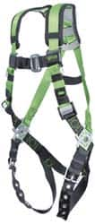 Miller - 400 Lb Capacity, Size Universal, Full Body Construction Safety Harness - Webbing, Tongue Leg Strap, Mating Chest Strap, Black/Green - Caliber Tooling