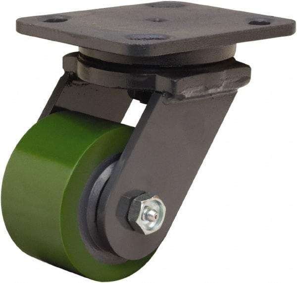 Hamilton - 3-1/4" Diam x 2" Wide x 5-1/4" OAH Top Plate Mount Swivel Caster - Polyurethane Mold onto Cast Iron Center, 575 Lb Capacity, Straight Roller Bearing, 4 x 5" Plate - Caliber Tooling