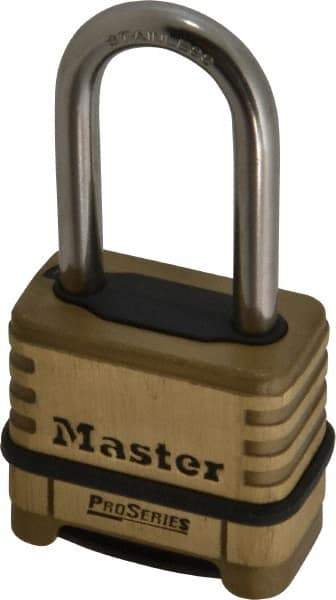 Master Lock - 2-1/4" Body Width x 2" Body Height, 2.094" Shackle Clearance, Brass Body & Stainless Steel Combination Lock - 5/16" Shackle Diam - Caliber Tooling