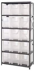 Quantum Storage - 15 Bin Giant Stack Container Storage Shelving - 36 Inch Overall Width x 18 Inch Overall Depth x 75 Inch Overall Height, Clear Tri-Clear Polypropylene Bins - Caliber Tooling