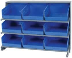 Quantum Storage - 9 Bin Store-More Sloped Shelving System - 36 Inch Overall Width x 12 Inch Overall Depth x 26-1/2 Inch Overall Height, Blue Polypropylene Bins - Caliber Tooling