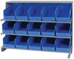 Quantum Storage - 15 Bin Store-More Sloped Shelving System - 36 Inch Overall Width x 12 Inch Overall Depth x 26-1/2 Inch Overall Height, Blue Polypropylene Bins - Caliber Tooling