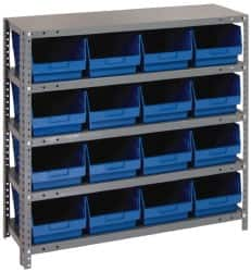 Quantum Storage - 16 Bin Store-More Shelf Bin System - 36 Inch Overall Width x 12 Inch Overall Depth x 39 Inch Overall Height, Blue Polypropylene Bins - Caliber Tooling