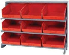 Quantum Storage - 9 Bin Store-More Sloped Shelving System - 36 Inch Overall Width x 12 Inch Overall Depth x 26-1/2 Inch Overall Height, Red Polypropylene Bins - Caliber Tooling