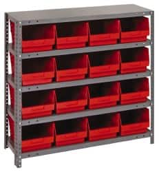 Quantum Storage - 16 Bin Store-More Shelf Bin System - 36 Inch Overall Width x 18 Inch Overall Depth x 39 Inch Overall Height, Red Polypropylene Bins - Caliber Tooling