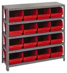 Quantum Storage - 16 Bin Store-More Shelf Bin System - 36 Inch Overall Width x 18 Inch Overall Depth x 39 Inch Overall Height, Red Polypropylene Bins - Caliber Tooling