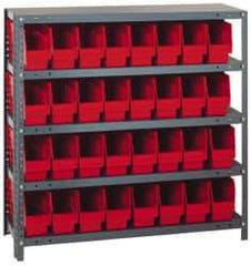 Quantum Storage - 32 Bin Store-More Shelf Bin System - 36 Inch Overall Width x 18 Inch Overall Depth x 39 Inch Overall Height, Red Polypropylene Bins - Caliber Tooling