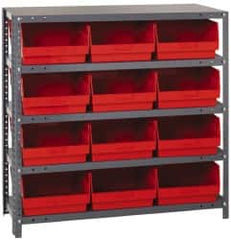 Quantum Storage - 12 Bin Store-More Shelf Bin System - 36 Inch Overall Width x 12 Inch Overall Depth x 39 Inch Overall Height, Red Polypropylene Bins - Caliber Tooling