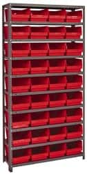 Quantum Storage - 36 Bin Store-More Shelf Bin System - 36 Inch Overall Width x 12 Inch Overall Depth x 75 Inch Overall Height, Red Polypropylene Bins - Caliber Tooling