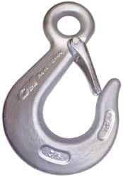 CM - Chain Grade 100, 15,000 Lbs. Load Limit Eye Sling Hook with Latch - 3-1/2 Inch Hook Throat, 6.88 Inch Reach, 1 Inch Eye Inside Diameter, 1/2 Inch Chain Diameter, 9.38 Inch Overall Length, 3/4 Inch Eye Thickness - Caliber Tooling