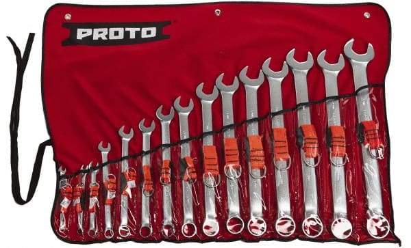 Proto - 15 Piece, 7mm to 32mm, 12 Point Tethered Combination Wrench Set - Metric Measurement Standard, Satin Chrome Finish, Comes in Nylon Roll - Caliber Tooling