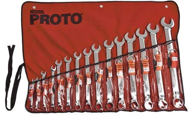 Proto - 15 Piece, 5/16" to 1-1/4", 12 Point Tethered Combination Wrench Set - Inch Measurement Standard, Satin Chrome Finish, Comes in Nylon Roll - Caliber Tooling