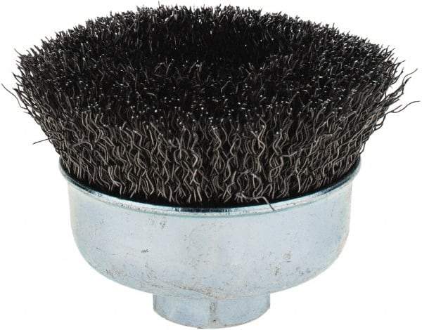 Weiler - 3" Diam, 5/8-11 Threaded Arbor, Steel Fill Cup Brush - 0.014 Wire Diam, 7/8" Trim Length, 14,000 Max RPM - Caliber Tooling