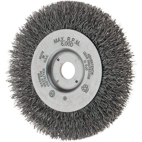 Weiler - 4" OD, 1/2" Arbor Hole, Crimped Steel Wheel Brush - 1/2" Face Width, 13/16" Trim Length, 0.014" Filament Diam, 6,000 RPM - Caliber Tooling