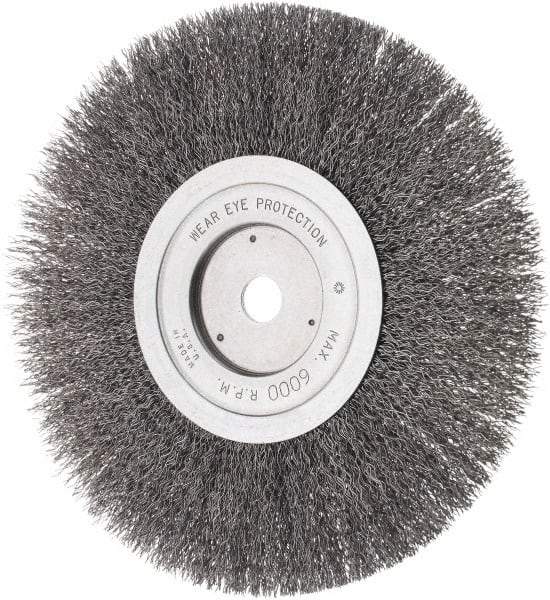 Weiler - 8" OD, 5/8" Arbor Hole, Crimped Steel Wheel Brush - 3/4" Face Width, 1-1/2" Trim Length, 0.014" Filament Diam, 4,500 RPM - Caliber Tooling