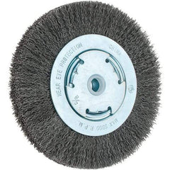 Weiler - 6" OD, 5/8" Arbor Hole, Crimped Steel Wheel Brush - 1-1/8" Face Width, 1-1/8" Trim Length, 0.014" Filament Diam, 6,000 RPM - Caliber Tooling