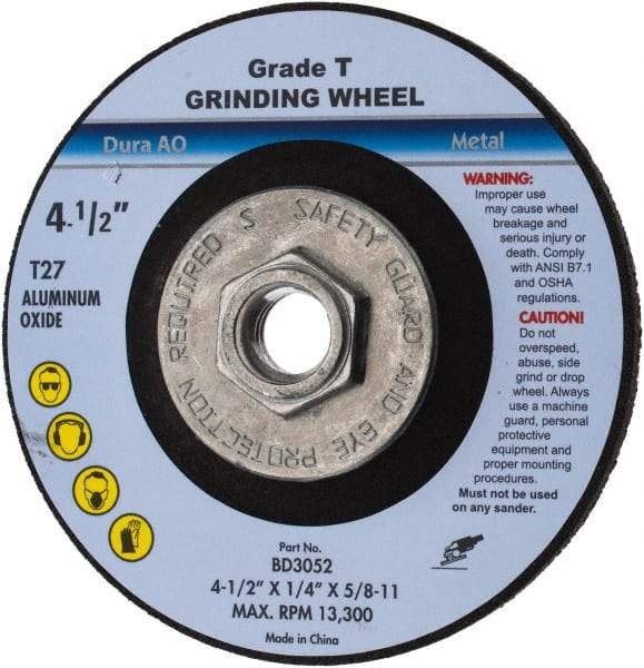 Value Collection - 24 Grit, 4-1/2" Wheel Diam, 1/4" Wheel Thickness, Type 27 Depressed Center Wheel - Aluminum Oxide, U Hardness, 13,300 Max RPM - Caliber Tooling