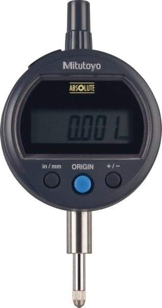 Mitutoyo - 0 to 12.7mm Range, 0.00005" Graduation, Electronic Drop Indicator - Flat Back, Accurate to 0.0001", English & Metric System, LCD Display - Caliber Tooling