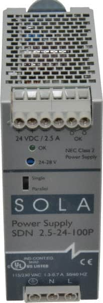 Sola/Hevi-Duty - 60 Watt, 2.50 Amp, 230 VAC Input, 24 VDC Output, DIN Rail Power Supply - 1.97 Inch Wide x 4.55 Inch Deep x 4.88 Inch High, Up to 87.5% Efficiency, 14 to 140°F, Green LED - Caliber Tooling