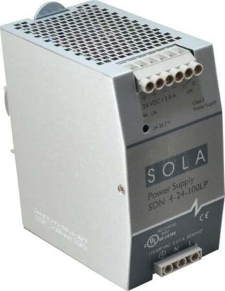 Sola/Hevi-Duty - 92 Watt, 3.8 Amp, 230 VAC Input, 24 VDC Output, DIN Rail Power Supply - 2.56 Inch Wide x 4.55 Inch Deep x 4.88 Inch High, Up to 88% Efficiency, 14 to 140°F, Green LED - Caliber Tooling