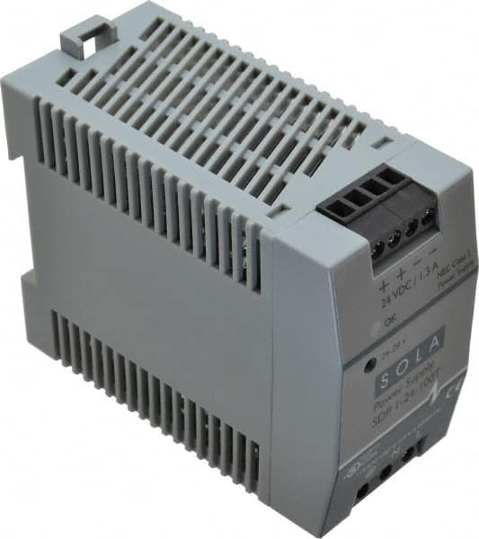 Sola/Hevi-Duty - 100 Watt, 1.30 Amp, 264 VAC, 375 VDC Input, 24 to 28 VDC Output, DIN Rail Power Supply - Screw Terminal Connection, 1 Output, 1.77 Inch Wide x 3.58 Inch Deep x 2.95 Inch High, Up to 83% Efficiency, 14 to 140°F, Green LED Display - Caliber Tooling