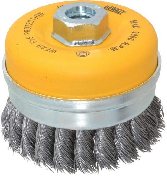 DeWALT - 4" Diam, 5/8-11 Threaded Arbor, Steel Fill Cup Brush - 0.023 Wire Diam, 9,000 Max RPM - Caliber Tooling