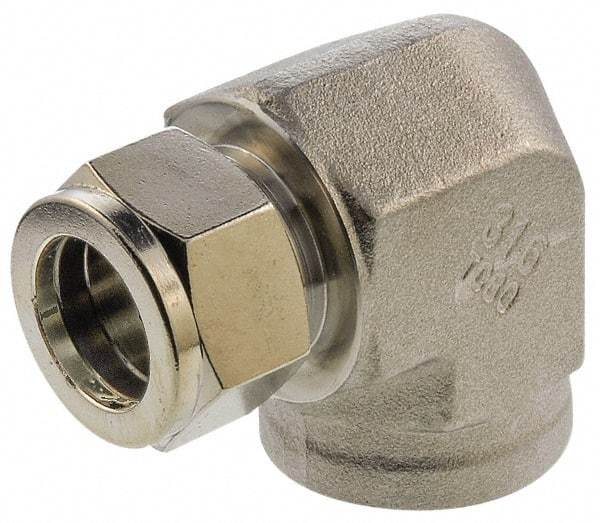 Parker - 3/4" OD, Stainless Steel Female Elbow - -425 to 1,200°F, 1-1/16" Hex, Comp x FNPT Ends - Caliber Tooling