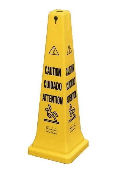 Rubbermaid - Caution, 12-1/4" Wide x 36" High, Plastic Floor Sign - Cone, Black on Yellow, For Accident Prevention - Caliber Tooling