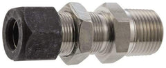 Parker - 1/4" OD, Stainless Steel Bulkhead Connector - 7/8" Hex, Comp x MNPT Ends - Caliber Tooling