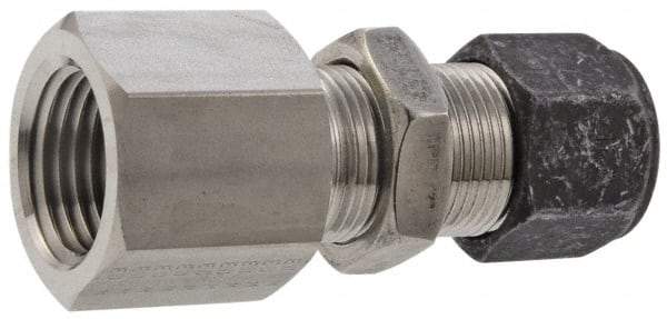 Parker - 1/2" OD, Stainless Steel Bulkhead Female Connector - 1-1/16" Hex, Comp x FNPT Ends - Caliber Tooling