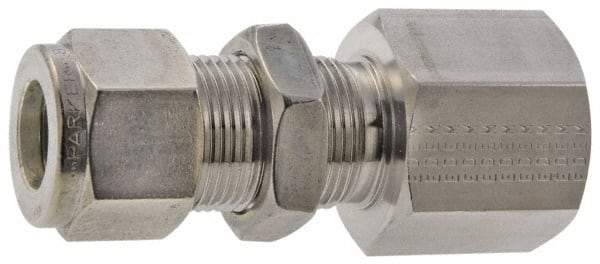 Parker - 1/2" OD, Stainless Steel Bulkhead Female Connector - -425 to 1,200°F, 1-1/16" Hex, Comp x FNPT Ends - Caliber Tooling