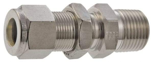 Parker - 3/8" OD, Stainless Steel Bulkhead Connector - -425 to 1,200°F, 7/8" Hex, Comp x MNPT Ends - Caliber Tooling