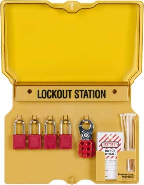 Master Lock - 7 Piece, Equipped Polycarbonate Padlock Station - 16 Inch Wide x 12-1/4 Inch High x 1-3/4 Inch Deep, Black on Yellow, Covered - Caliber Tooling