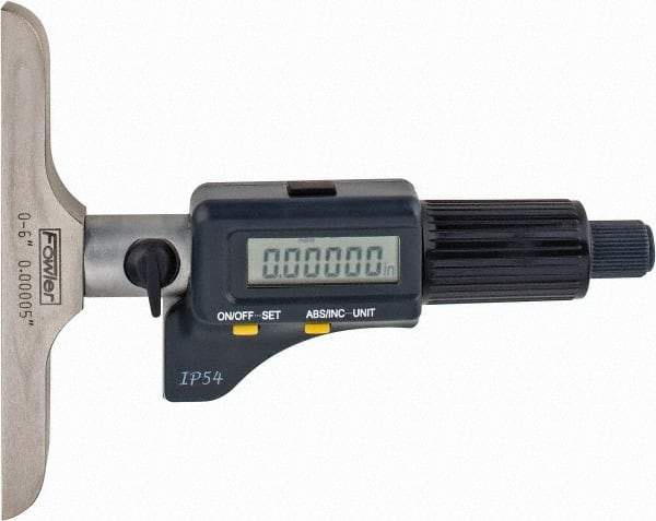 Fowler - 0 to 150mm Range, 4" Base Length, 6 Rods, Friction Thimble, Electronic Depth Micrometer - IP54, 0.00005" Resolution, 0.176" Rod Diam, 357 Battery, Data Output - Caliber Tooling