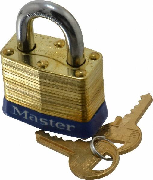 Master Lock - 3/4" Shackle Clearance, Keyed Different Laminated Brass Padlock - 9/32" Shackle Diam, Brass - Caliber Tooling